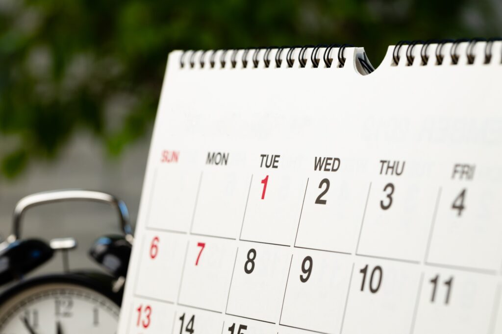Calendar page close up on office desk