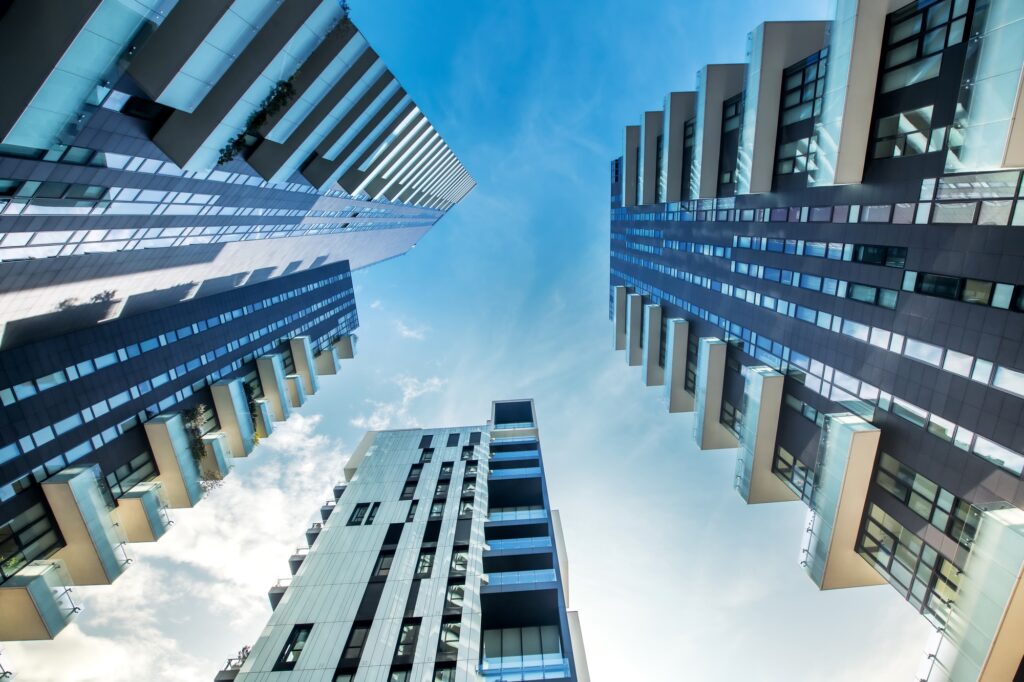 Low perspective of modern apartment blocks